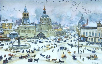 lubyanskaya square in winter 1905 Konstantin Yuon cityscape city scenes Oil Paintings